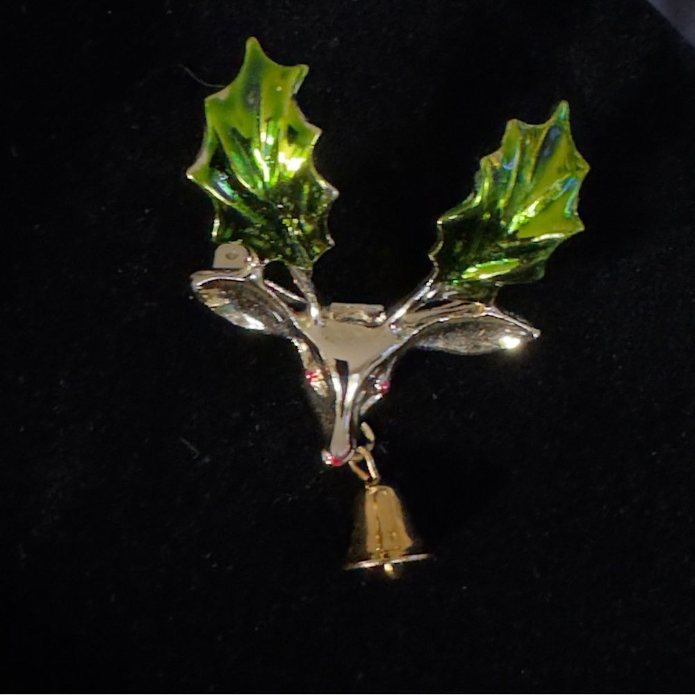 Vintage Festive Raindeer with Holly Leaf Brooch and a Bell